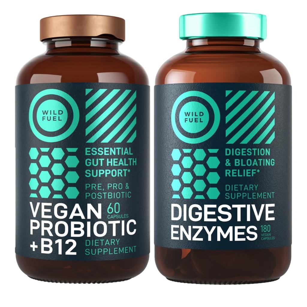 Enzymy pokarmowe z probiotykami i prebiotykami oraz wegańskie Probiotyki Plus B12 Wzmocniony Pasek pokarmowy i żelkowy