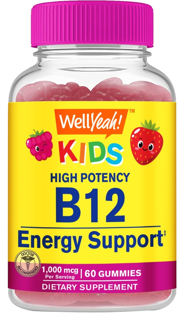 WellYeah Witamina B12 Gummies dla dzieci - Wzmocnienie energii, Ulepszenie funkcji mózgu i Wzmocnienie układu immunologicznego - Nie-GMO, Gluten- Free - Great Desting Berry Flavor - Łatwy do żucia - 60 Gummies
