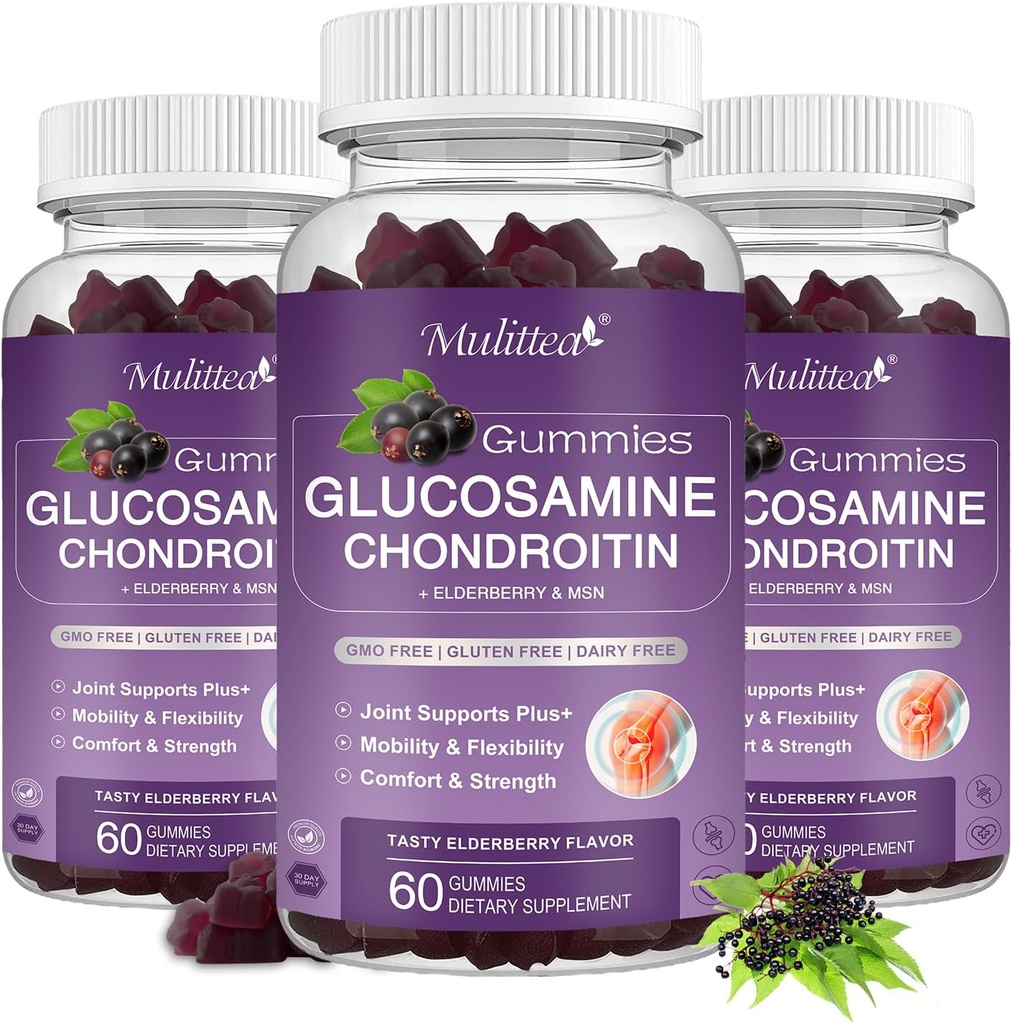 Mulittea Glukozamina Gummies Chondroitin - Dodatkowa siła Joint Supplement Supplement with MSM & Elderberry for Natural Joint, Antyoksydant Immune Support for Adult, Men & Women - (3 Pack)