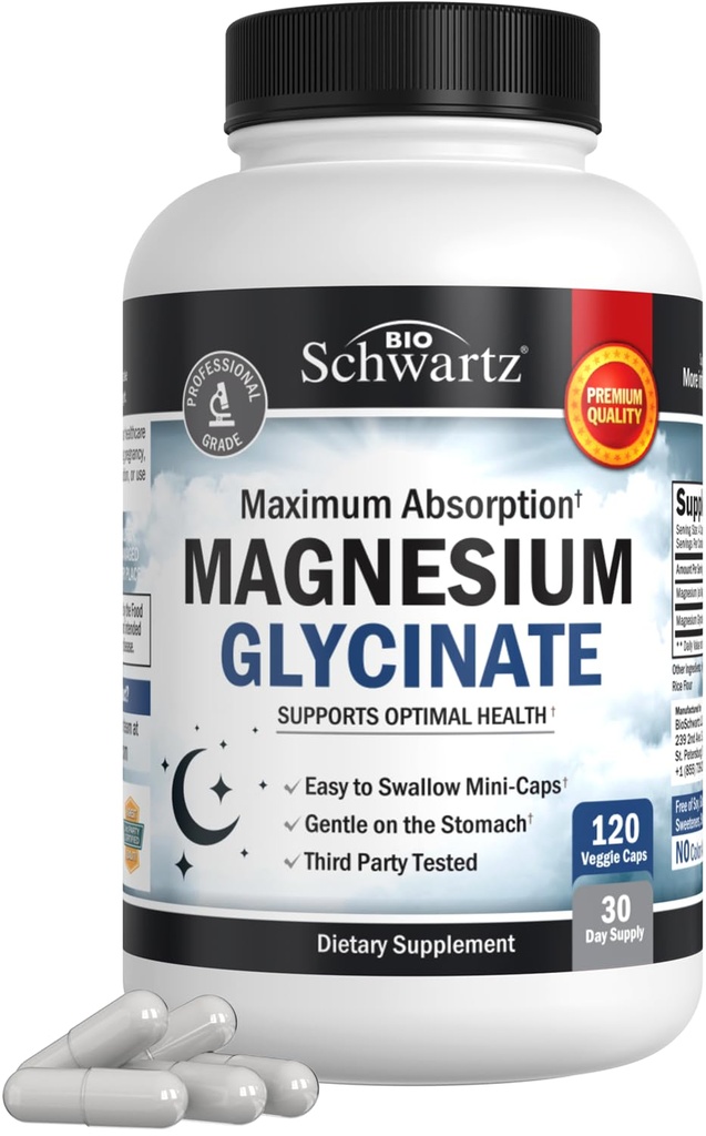 BioSchwartz Magnezu Glicynian 500 mg Kapsułki (120 Mini Czapki) Maksymalny stopień wchłaniania Magnezu Suplement do Zdrowych Nerwów Mięśnie Nastrój serca i Wspomaganie snu (Wegan, Bez glutenu, Nie-GMO)