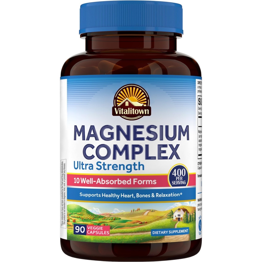 Vitalitown 10 in 1 Magnezu Complex Supplement - 400mg Magnezu elementarnego Chelated Glycinate, Cytrate, Malate, Taurate & More - for Sleep Heart Energy - Non-GMO, Vegan, 90 Caps