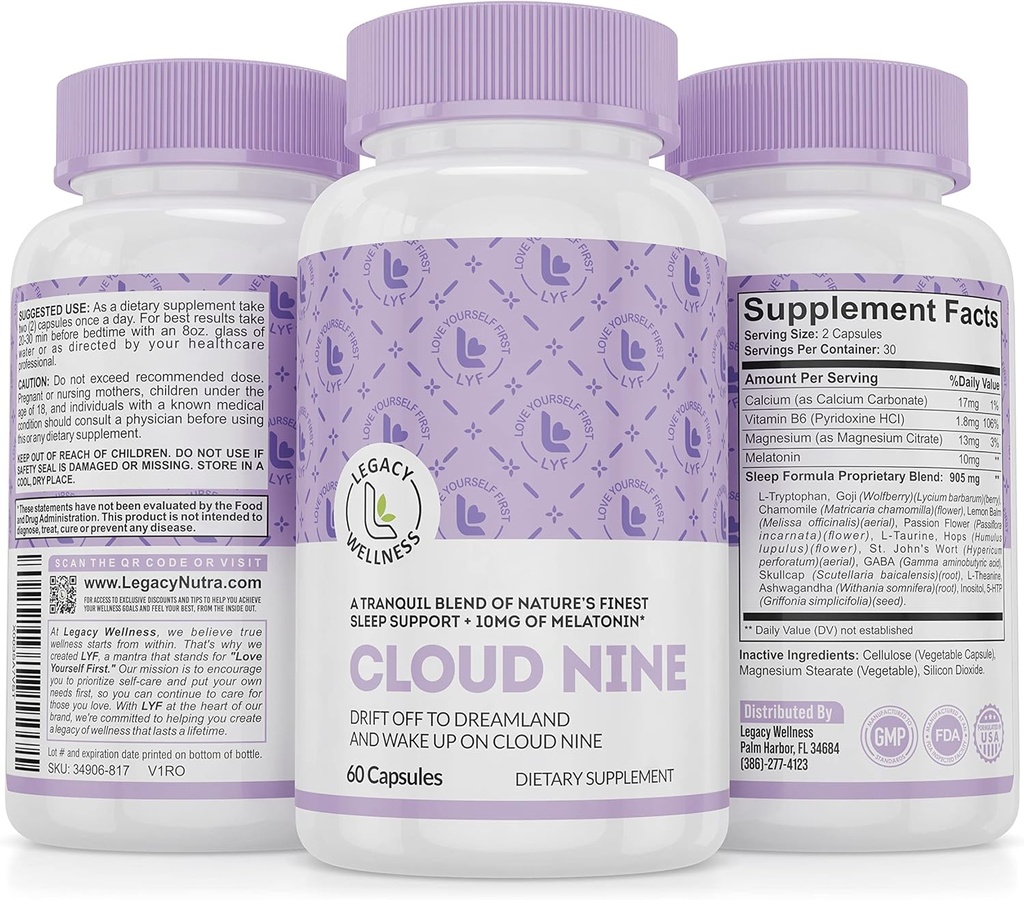 Cloud 9 - All Natural Sleep Aid Supplement - Relaxing Witamina & Herbal Formula - 10 mg Melatonina Wapnia Magnisium L- Theanine 5- HTP GABA St. John 's wort Ashwagandha Rumianek i więcej 60 Kapsułki wegańskie