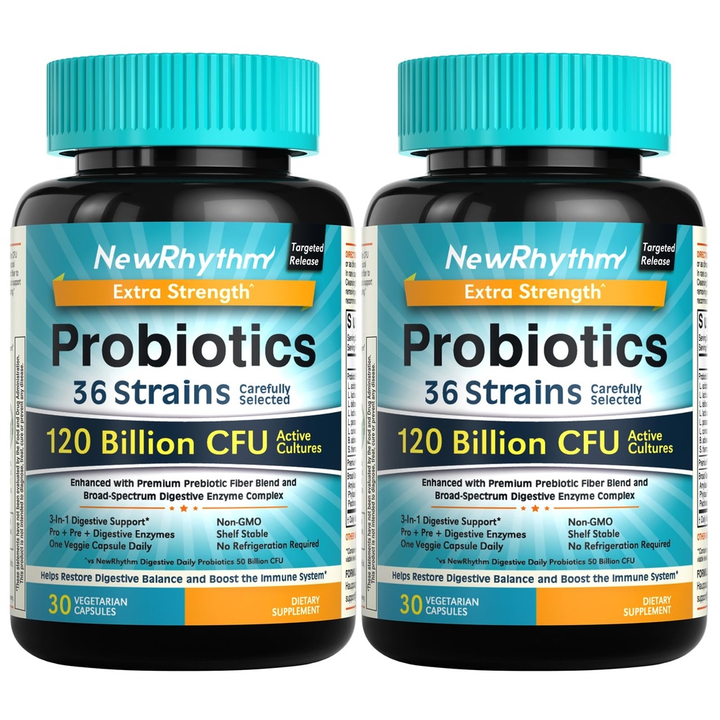 Probiotyki NewRhythm 120 Milion CFU 36 Szczepy, 3- in-1 Probiotyki dla zdrowia i wsparcia immunologicznego z Prebiotyki i Enzymy, Probiotyki dla Kobiet i Mężczyzn, Wegański suplement do wydawnictwa, 60ct