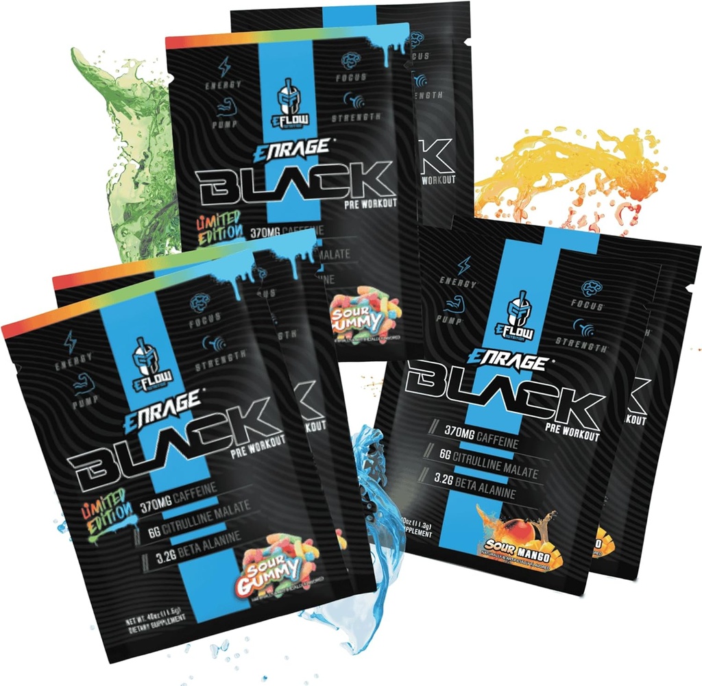 EFlow Nutrition ENRAGE Black Precuting Pakiety próbne - Pakiety podróżne - Wysoka energia Stim, Pompa, Siła, Wytrzymałość, Focus, Formuła nootropowa - Sour Gummy & Sour Mango Flavor (6 opakowań)