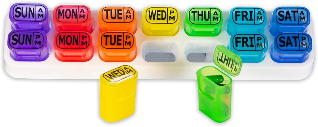 GMS Cotygodniowy Pill Organizator - 7 dzień AM / PM Pop Out Pill Place na suplementy, witaminy i leki - Idealny do codziennego użytku i podróży - Rainbow