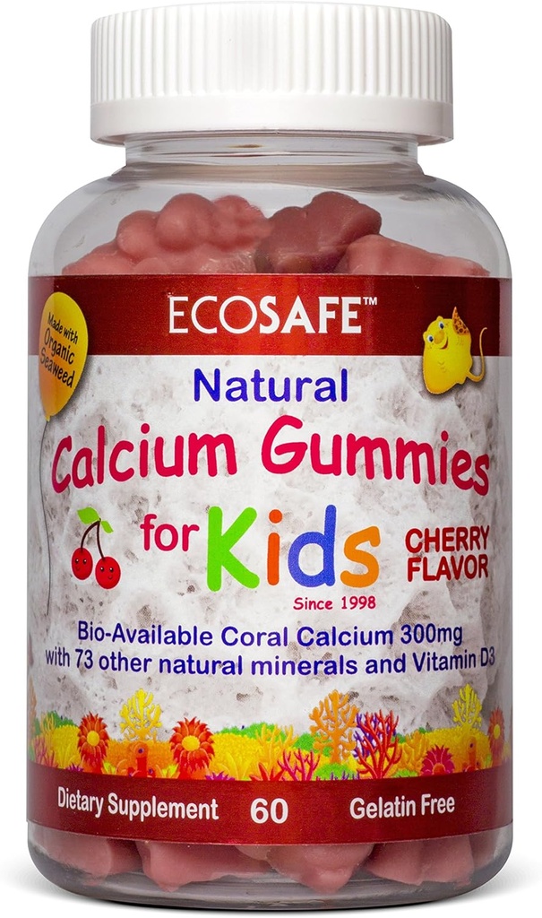 ECO SAFE Coral Calcium Witamina D3 Dzieci Gummy, Natural Cherry Flavor, Non GMO, Gluten- Free, Dairy- Free, Soy- Free i Gelatin Free - 300 mg wapnia i 800 IU witaminy D3- 60 Gummies (2 opakowania)