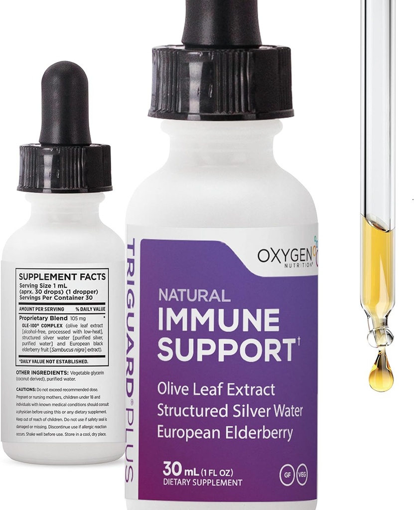 Triguard Plus Koncentrat: 124; Silver koloidalny, Sambucus Elderberry Extract & Olive Leaf Extract, 3- in-1 Płynne wsparcie immunologiczne 124; Potężny system immunologiczny Booster 124; Wielki smak - 1oz / 30ml, Made in USA