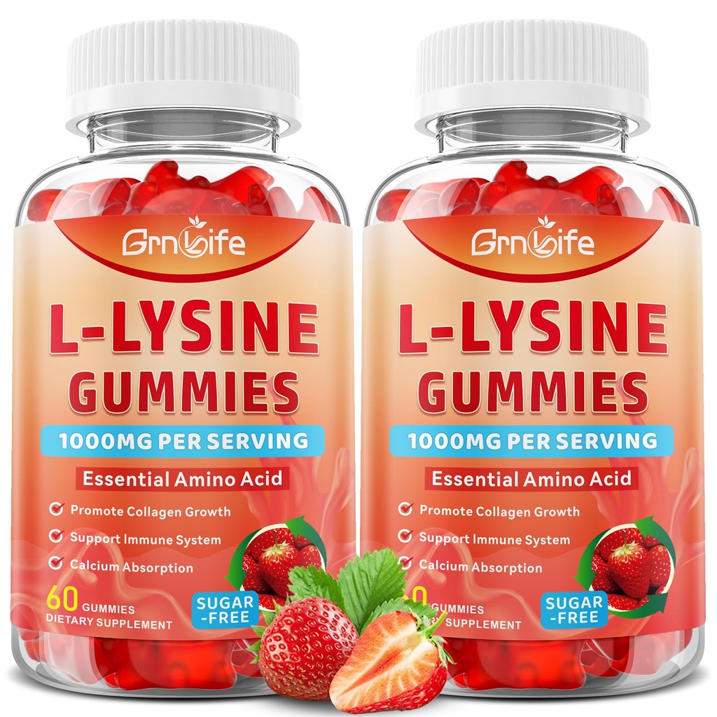 2 Pack L-Lysine 1000mg Gummies, Chewable Lysine Supplement for Adults & Kids, Essential Amino Acid Supplement for Immune Support, Collagen Formation Support, Strawberry, 120 Count