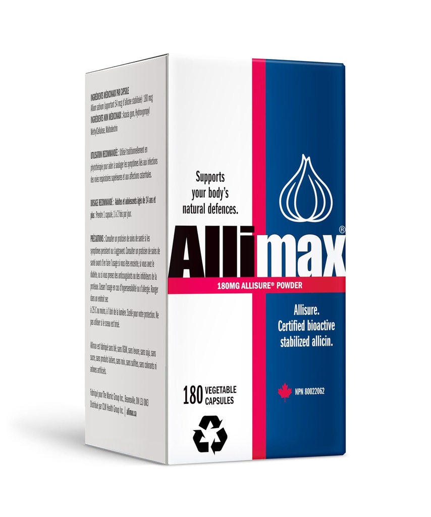Allimax 180 mg 180 kapsułek. Wspiera immunologiczną funkcję organizmu poprzez naturalny allicyna, mocny organiczny związek siarkowy ekstrahowany z czystego i zrównoważonego hiszpańskiego czosnku rosnącego.