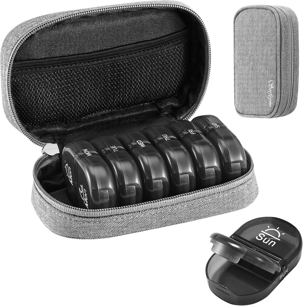 Serfeymi Cotygodniowy Travel Pill Organizator 2 razy w ciągu dnia PM Zmodernizowany Black Pill Box 7 Dzień z Portable Zipper Canvas Pill Case, Medicine Organizer for Pills, Witaminy, Suplementy, Oleje rybne - Grey 01