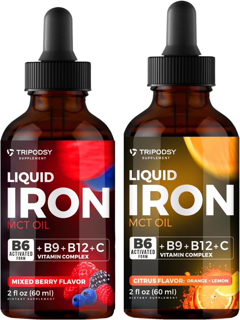 Płynne żelazo Suplement, Żelazo Krople, Kobiety i Mężczyźni, B6, B9, B12, Witamina C, Anemia, Blood Builder, Folate, Red Blood Cell, Wsparcie immunologiczne, MCT Oil, Citrus, Mieszane Berry