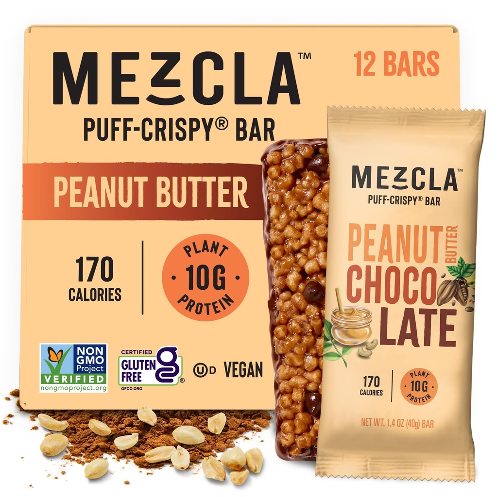 Mezcla Puff Crispy Protein Bars, Gluten Free & Vegan Protein Bars, 10g Protein, Alt for Crispy Rice Treat, Granola Bars & Breakfast Bars, Zdrowe przekąski dla dorosłych, Masło orzechowe Czekolada, 12 Pack