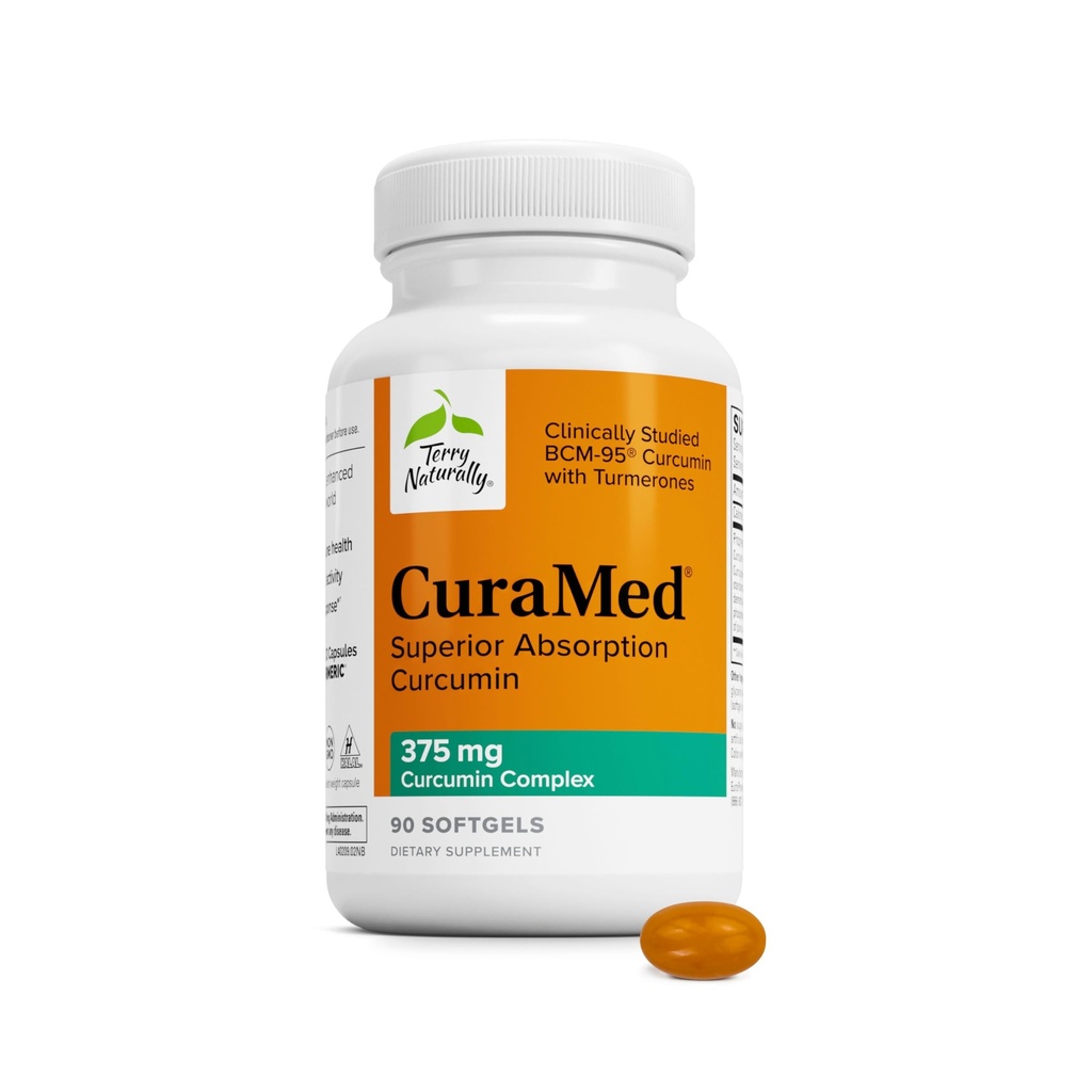 Terry Natural CuraMed 375mg - Suplement przeciwutleniający do wsparcia zdrowia mózgu i immunologicznego - Suplement dietetyczny z Curcumin & Turmeric Esential Oil - Herbal Liver Support - 90 Softgels
