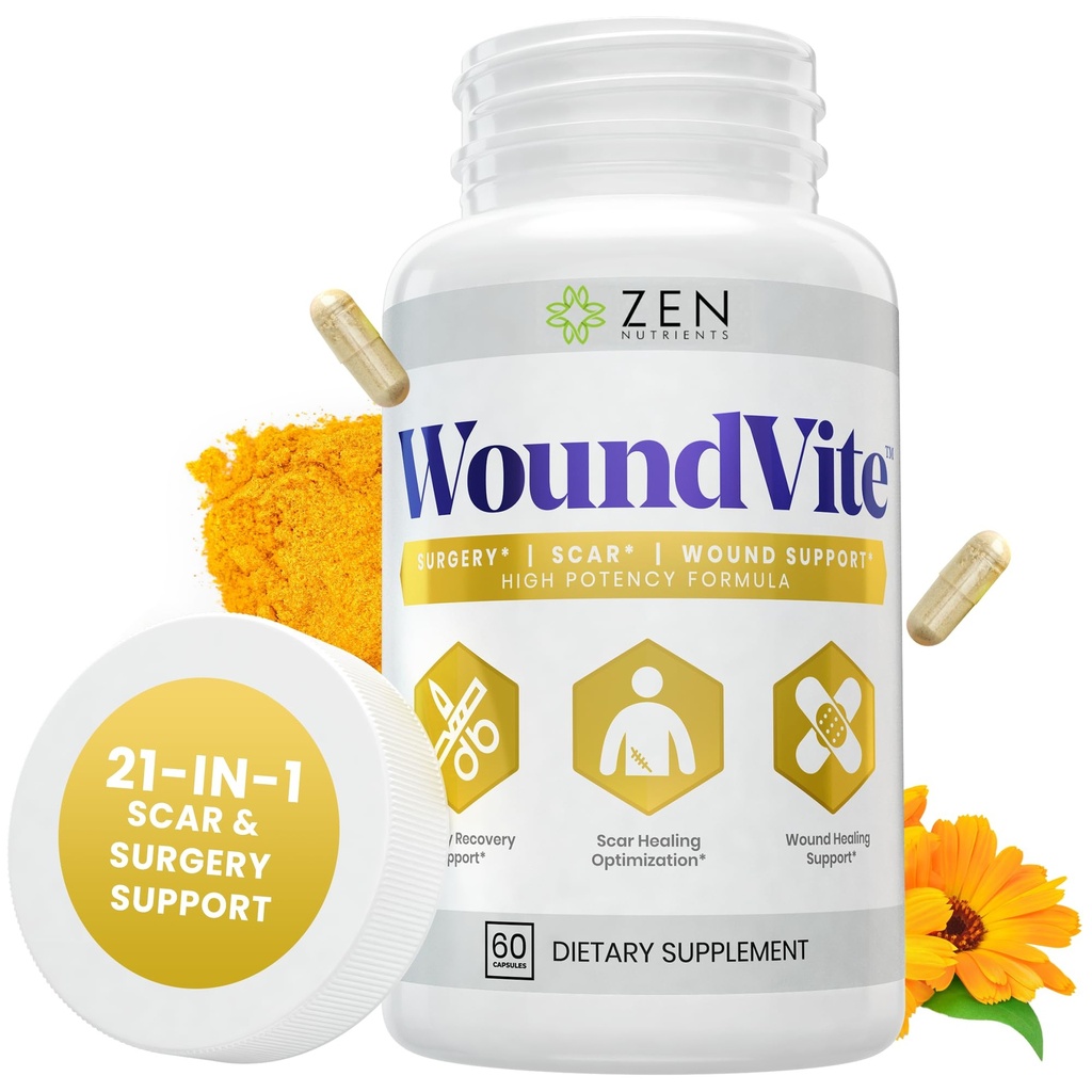 Zen Nutrigents WoundVite przed i post Chirurgia Wsparcie, Blizna i Pielęgnacja rany, Leczenie bliznowacenie, Plastic & Ogólne Chirurgia, Heal szybszy & Pomoc w czasie odzyskiwania w / Bromelain, Turmeric & Arnica - 60 Vegan Caps