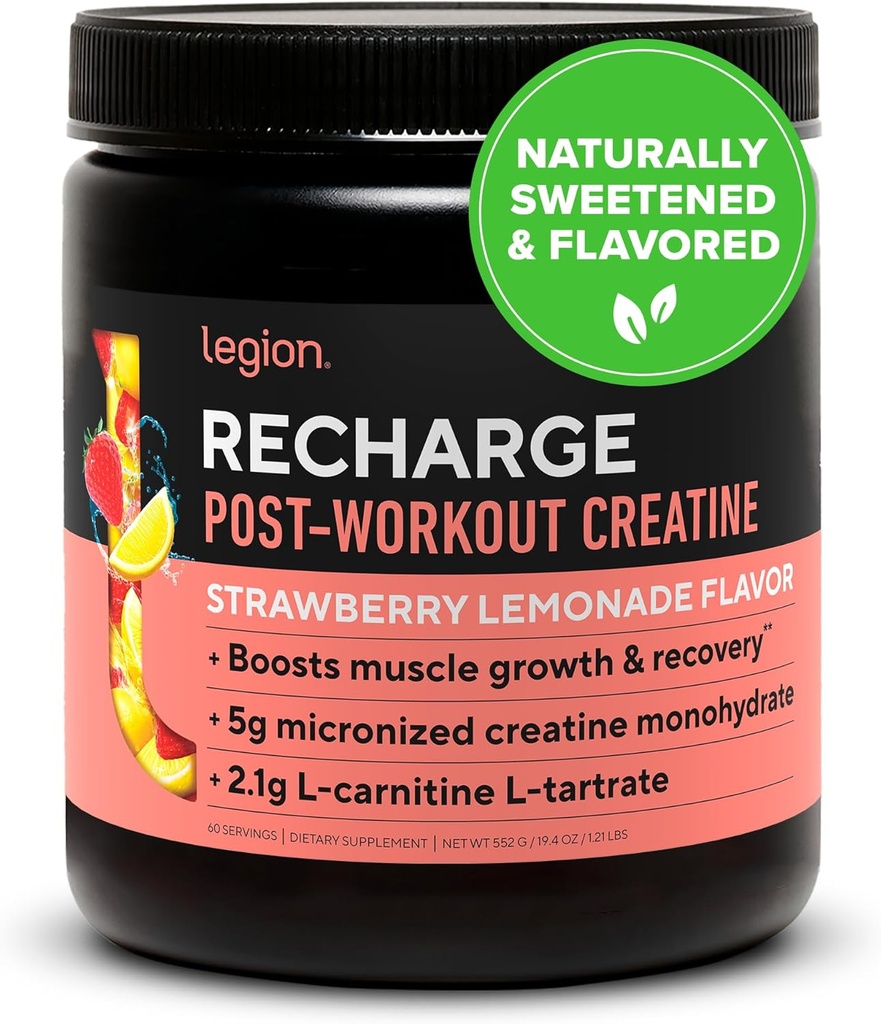 LEGION Recharge Post Workout Supplement (Lemoniada truskawkowa) - All Natural Muscle Builder & Recovery Drink with Micronized Creatine Monhydrate. Naturalnie Sweetened & Flavored 60 Serving