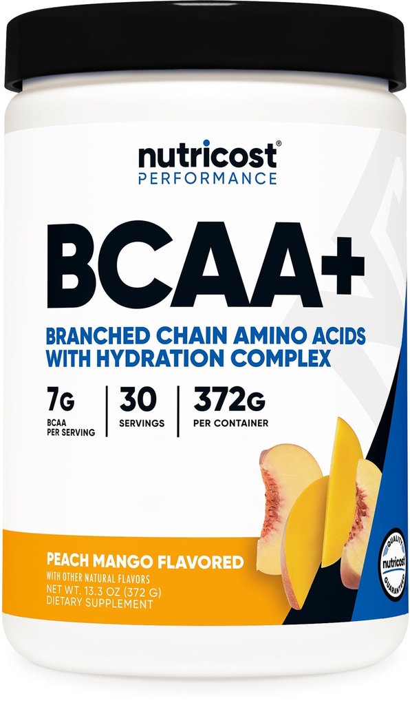 Nutricost BCAA + proszek nawadniający (Peach Mango) 30 Słupki - Acidy rozgałęzione z kompleksem nawadniającym - Bezglutenowe, Non-GMO