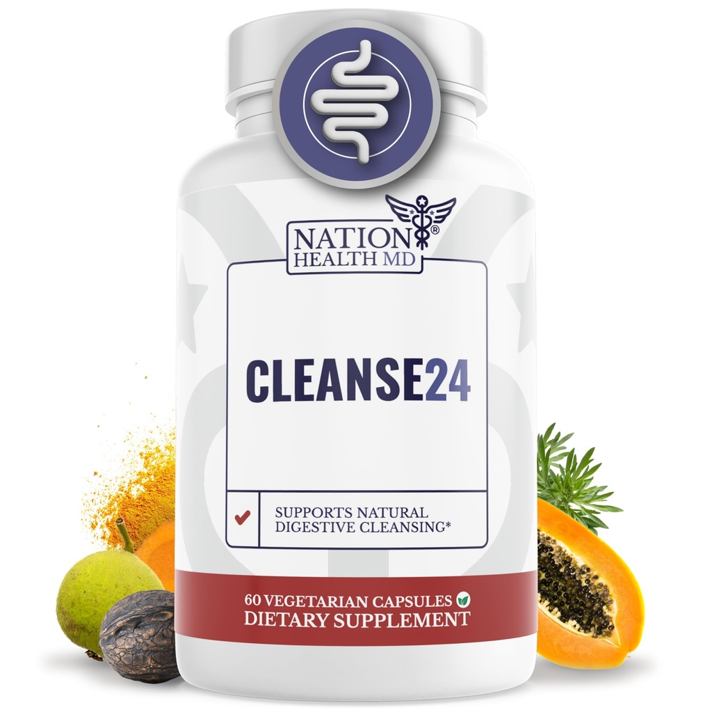 Cleanse24 - Oczyszczanie jelit dla ludzi z Wormwood, Papaya, Czarny orzech - Ziołowe Oczyszczanie jelit, Gut Cleanse dla mężczyzn i kobiet, 60 Kapsułki