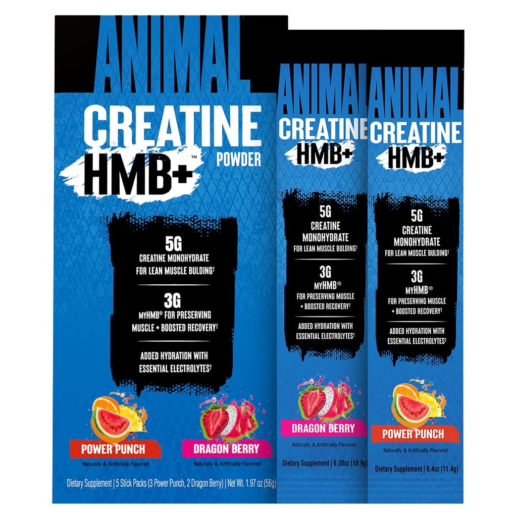 Animal Creatine HMB Powder – 3g myHMB + 5g Creatine with Electrolytes for Recovery & Daily Energy – Power Punch (3) and Dragon Berry (2) Single-Serve Stick Packs, 5 Servings