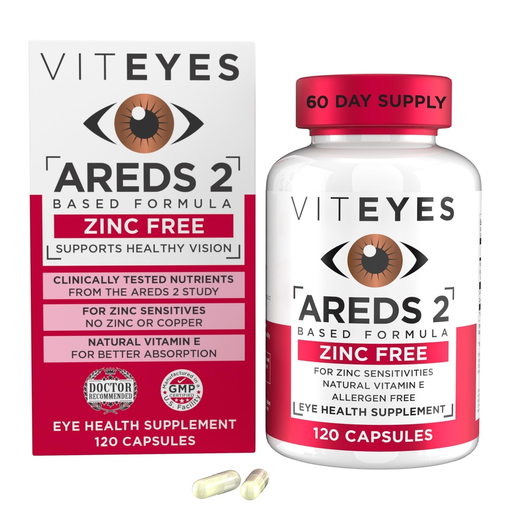 Viteyes AREDS 2 Cynk Darmowe wsparcie plamki żółtej, Natural Allergen wolne kapsułki z witaminą E, Witamina C, Luteina i Zeaksantyna, No Cynk, No Copper, Eye Doctor Trusted, Produkowane w USA, 120 Ct