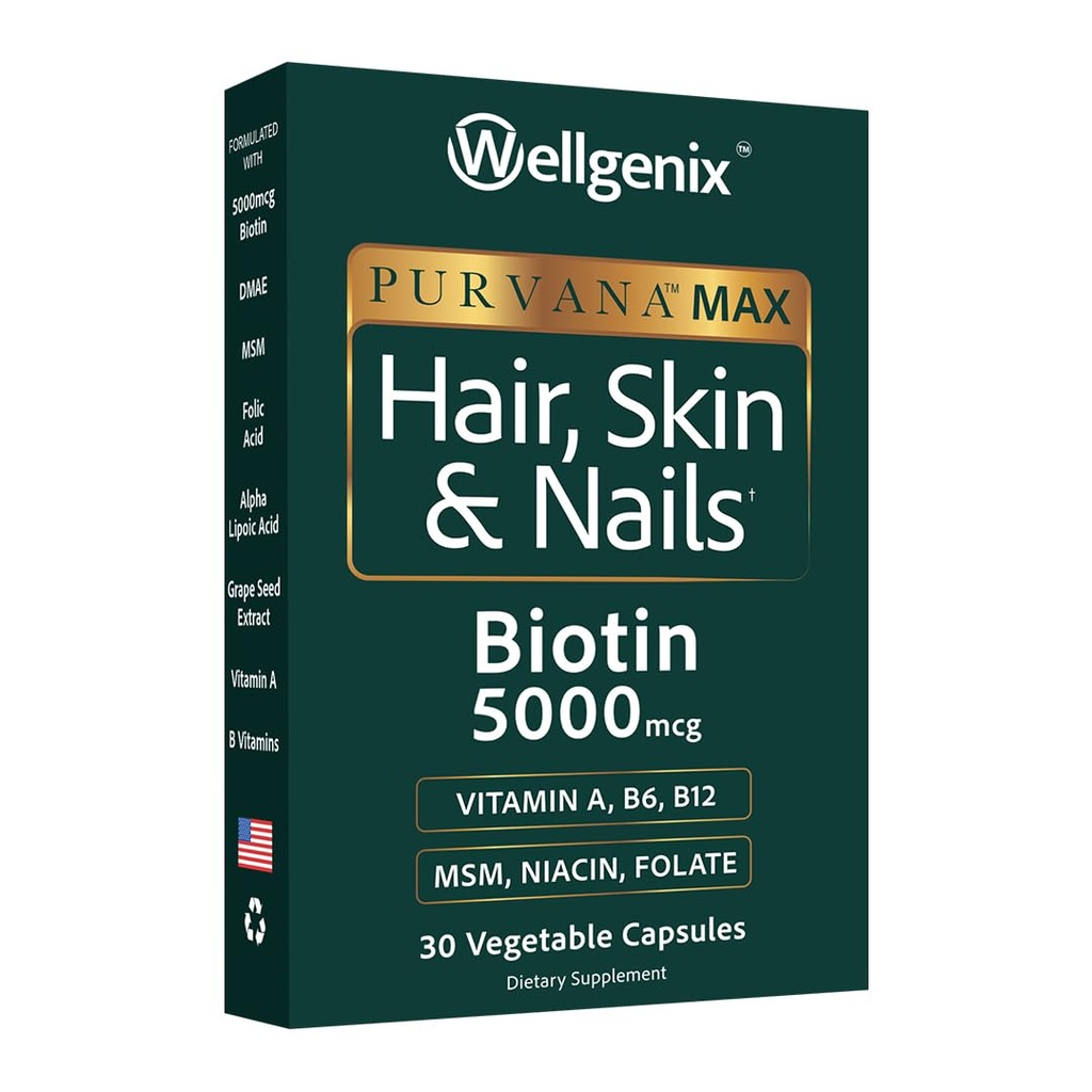 Wellgenix Purvana Max Włosy, Skóra i Nails Witamina - Podwójna siła Biotin 5000 MCG, VIT A & B, Kwas foliowy, ekstrakt z nasion winogron - Suplement do włosów -30 Kapsułki (Opakowanie 1)