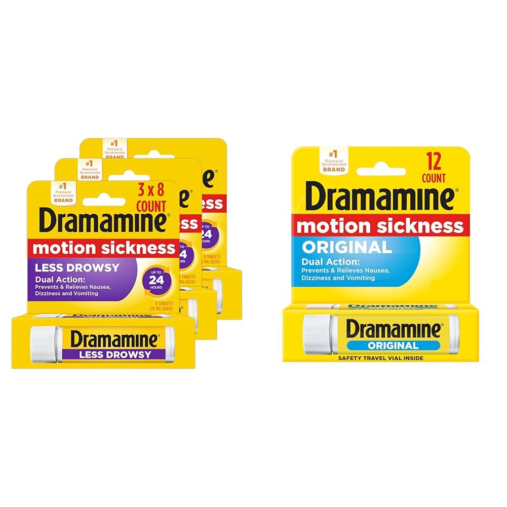 Dramamine Motion Sickness Relief Tablets Bundle: All Day Less Drowsy, 8 Count, 3 Pack and Original Travel Vial, 12 Count