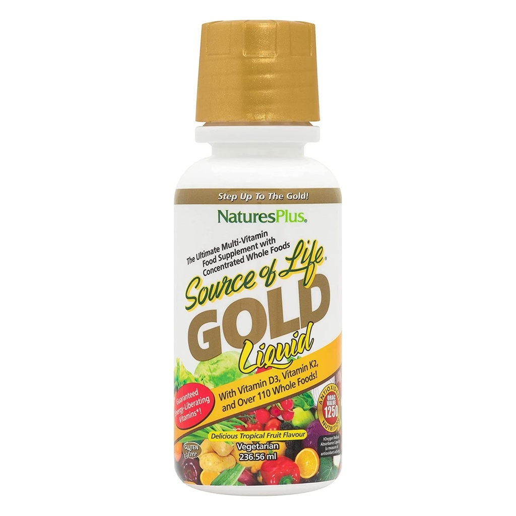 Nature Plus Source of Life Gold Multivitamin Liquid - 8 oz - z witaminami D3, B12 & K2 - Krew, kość i wsparcie immunologiczne - wegetariański & Gluten Free - 8 Służenia