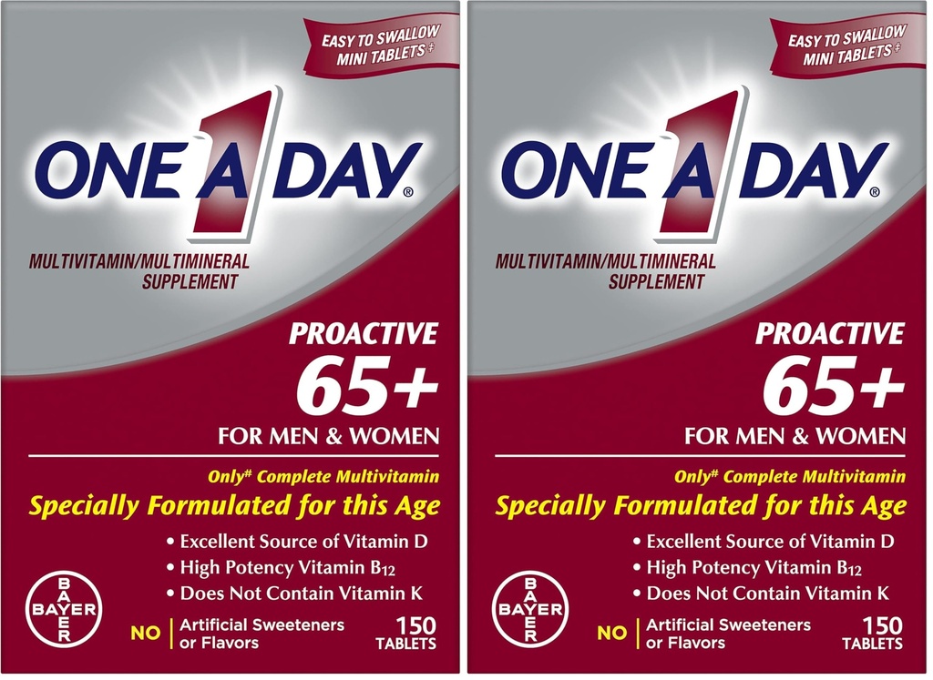 1 dzień Proactive 65 +, Mens & Womens Multivitamin, Suplement z witaminą A, Witamina C, Witamina D i Cynk do immunologicznego wsparcia zdrowia *, Wapnia, Kwas foliowy i więcej, Tablet 150 Count (Opakowanie 2)
