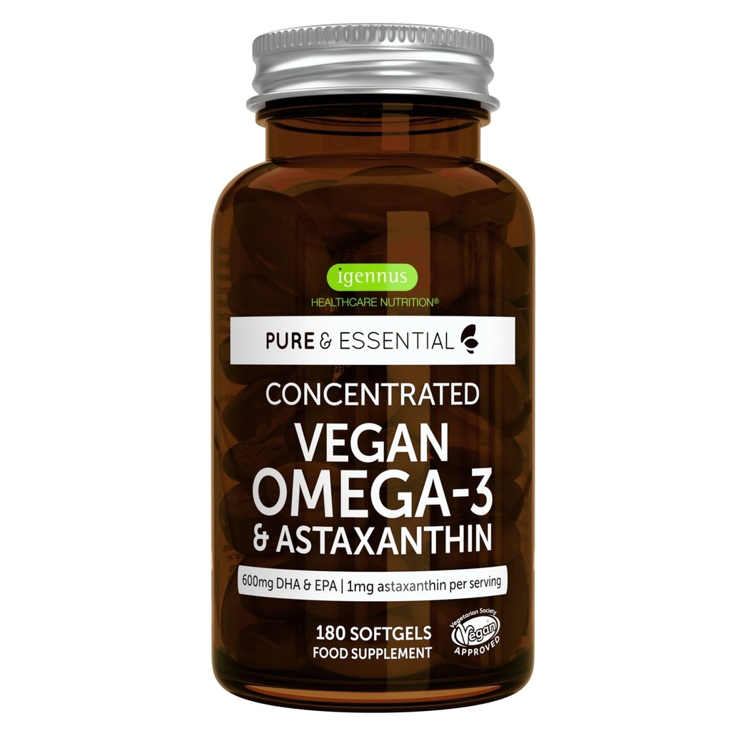 Igennus Vegan Omega-3 Natural Trigliceryde Algae Oil, DHA & EPA Fatty Acid Supplement, 180 Small Softgels z Astaksantyną, Easy- to- Połknięcie, Czysty i zrównoważony, 90 Służenie