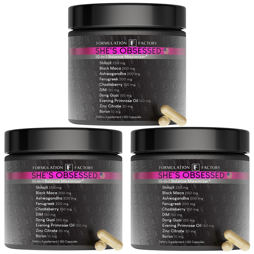 Formulation Factory She's Obsessed: 10-in-1 Hormone Balance Maximizer with Shilajit, Maca, Ashwagandha, DIM, Dong Quai, Zinc & More for Vitality & Balance 360 Count (Pack of 3)