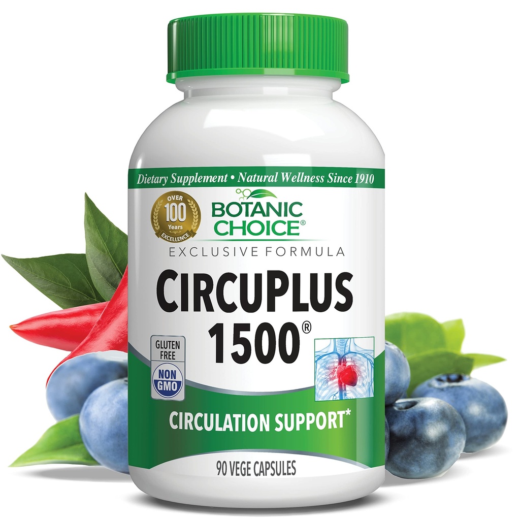 Botaniczny wybór CircuPlus 1500 - Zdrowie i krążenie serca i suplement wsparcia Vein - Witamina B1, Pepper Cayenne, Hawthorn, Ginkgo Biloba dla dorosłych mężczyzn i kobiet (90 kapsułki)
