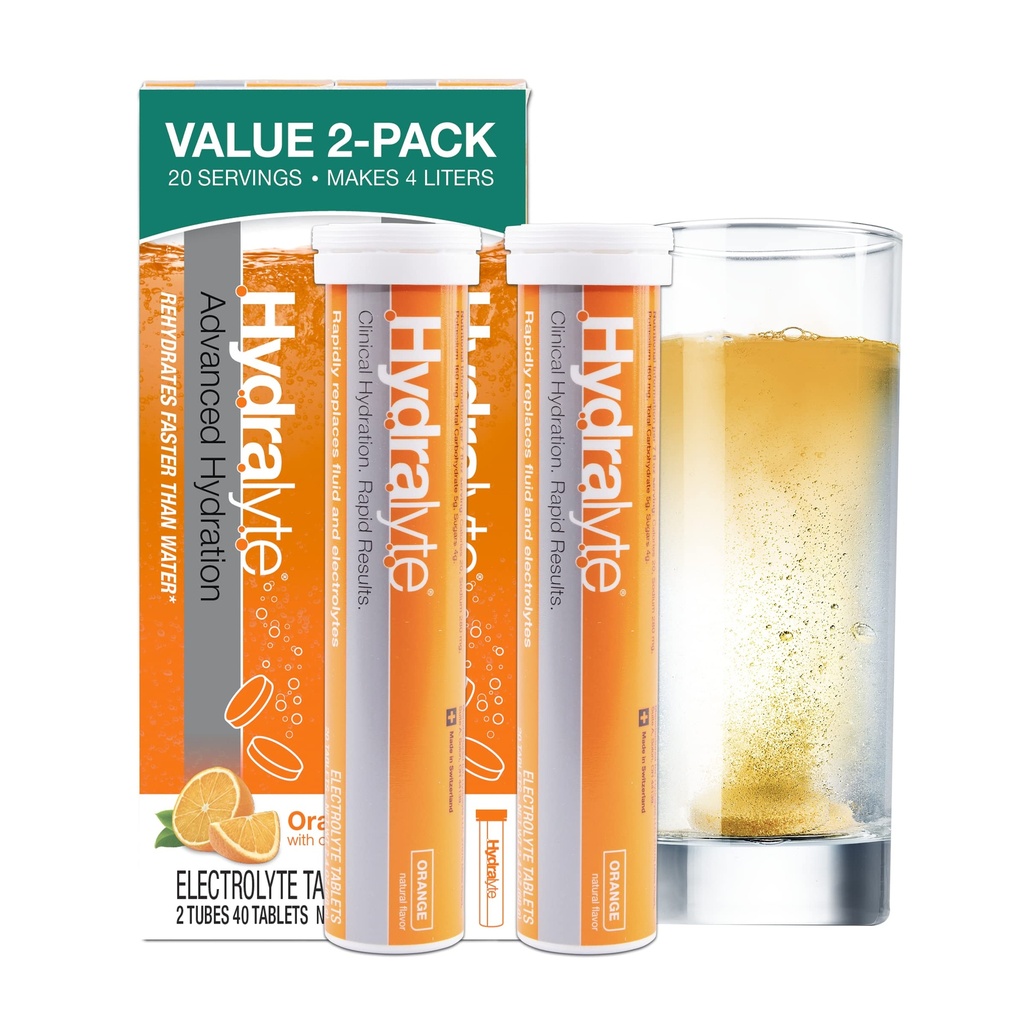 Hydralyte Electrolyte Tablets 124; 40 Orange Electrolytes Budapest 124; Airplane Travel Esential for Rapid Rehydration Next 124; Hydration Tablets - Instant Disolve Electrolytes (20 Servings, 2 Tablets Per Serve)