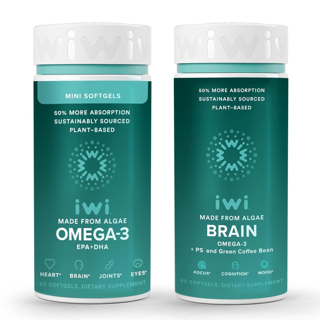 Iwi Omega-3 Minis & Brain Omega-3 Bundle, 30 Służenie, Wegan Plant-Algae Omega 3 z EPA + DHA, Kryll & Fish Oil Alternative, No Fishy Aftersmast