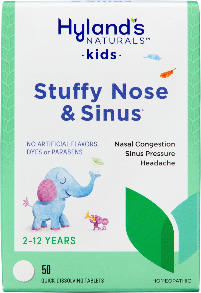 Hyland 's Kids Stuffy Nose i Sinus Tablets, Cold Medicine for Children Ages 2 and up, Ból głowy Relief i Decongestant nosa, Szybkie rozpuszczenie Tablets, 50 Hrabia