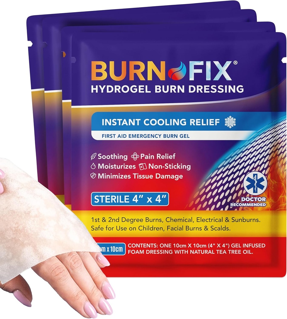 BurnFix ® - 4 Pack-Burn żel ubieranie 4 x 4 "Burn Care Cream pierwszego leczenia. Natychmiastowa ulga w bólach opalanie hydrogelem dla oparzeń pierwszego stopnia, razor i oparzeń słonecznych do domu, pracy, ognia, EMS