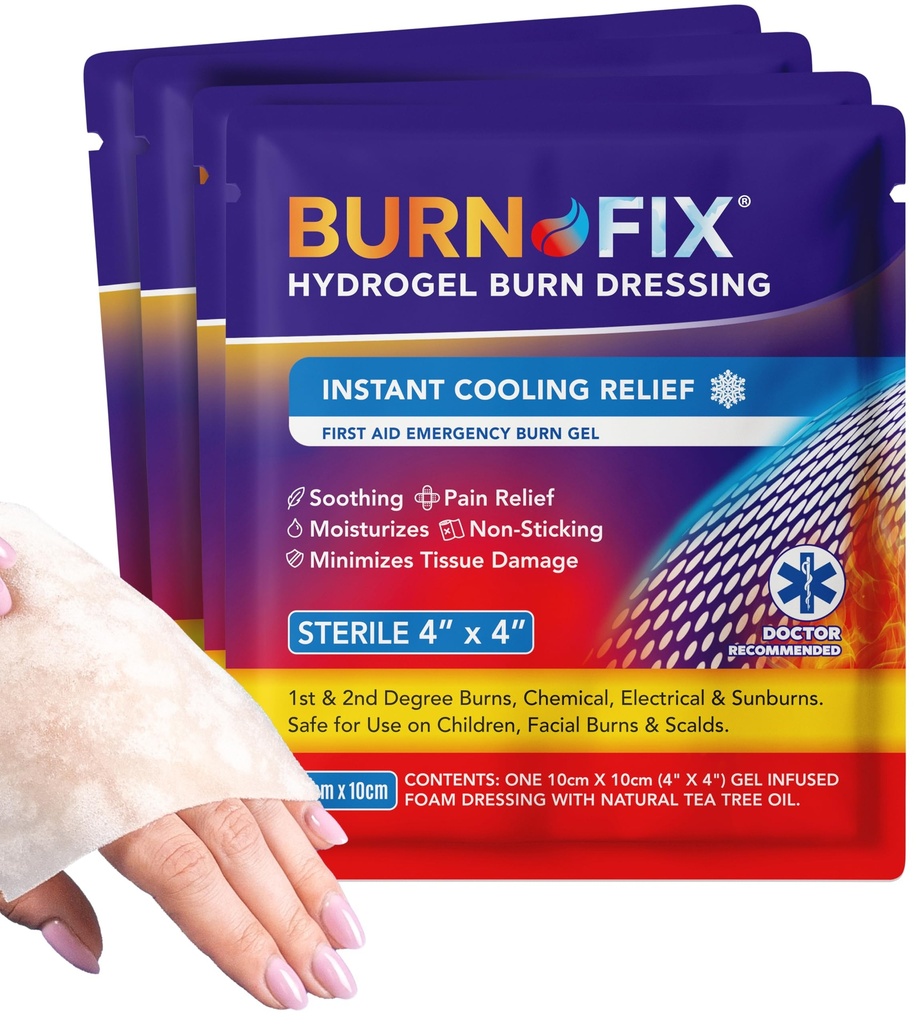 BurnFix ® - 4 Pack-Burn żel ubieranie 4 x 4 "Burn Care Cream pierwszego leczenia. Natychmiastowa ulga w bólach opalanie hydrogelem dla oparzeń pierwszego stopnia, razor i oparzeń słonecznych do domu, pracy, ognia, EMS