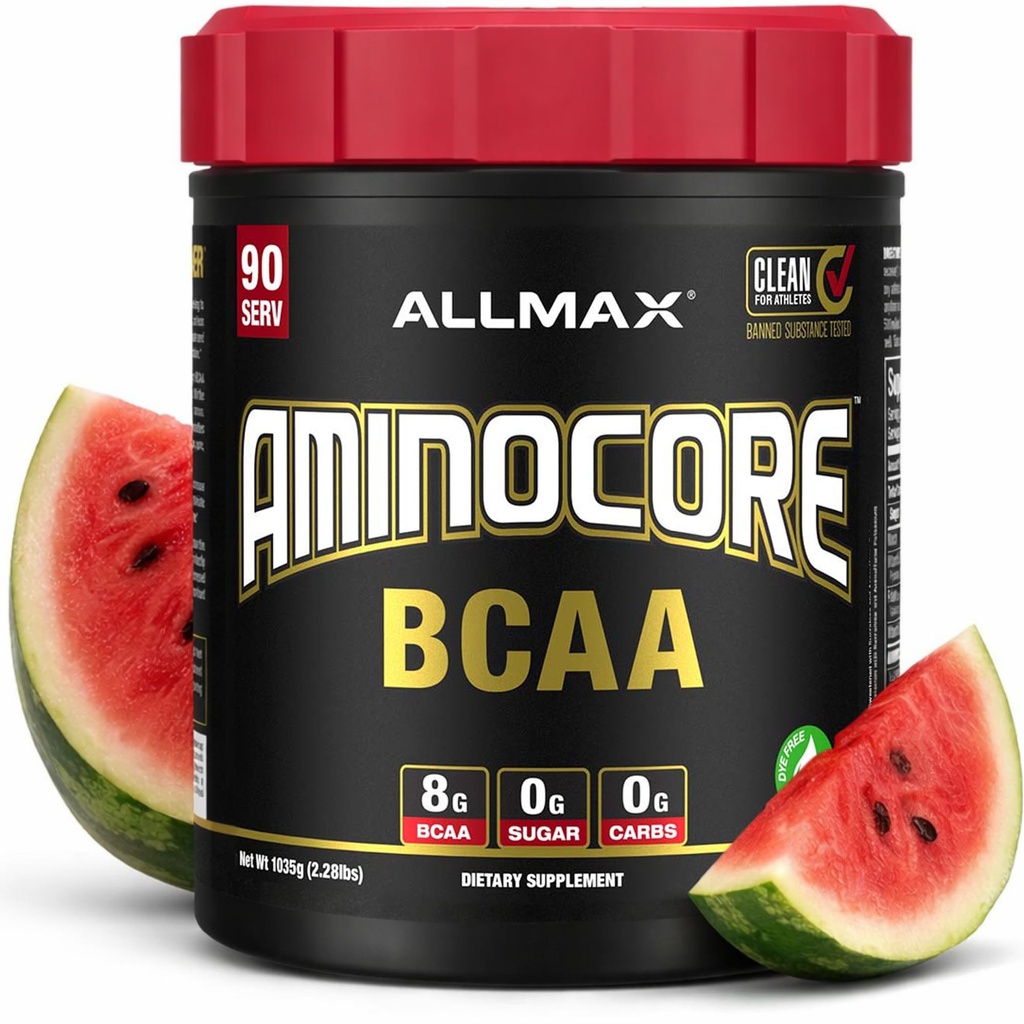 ALLMAX Nutrition AMINOCORE BCAA Proszek, 8.18 Gramy aminokwasów, Intra i post Workout Recovery Drink, Gluten Free, Arbuz, 945 g