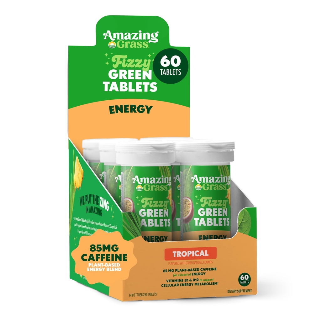 Niesamowite trawy Fizzy Zielone tabletki Energia Tropikalna: Zielone + zielona herbata Kofeina, Płytka do zapachu wody z przeciwutleniaczami, 60 Count