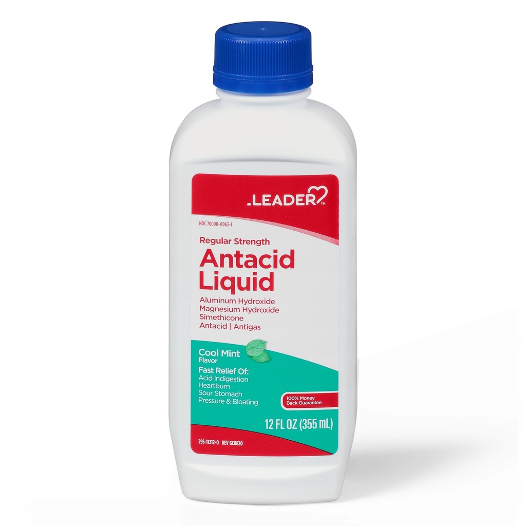 Leader Antacid Liquid with Aluminum Hydroxide, Simethicone, Antacid/Antigas for Heartburn Relief, Acid Indigestion, Pressure & Bloating, Sour Stomach, Cool Mint Flavor 12 FL oz