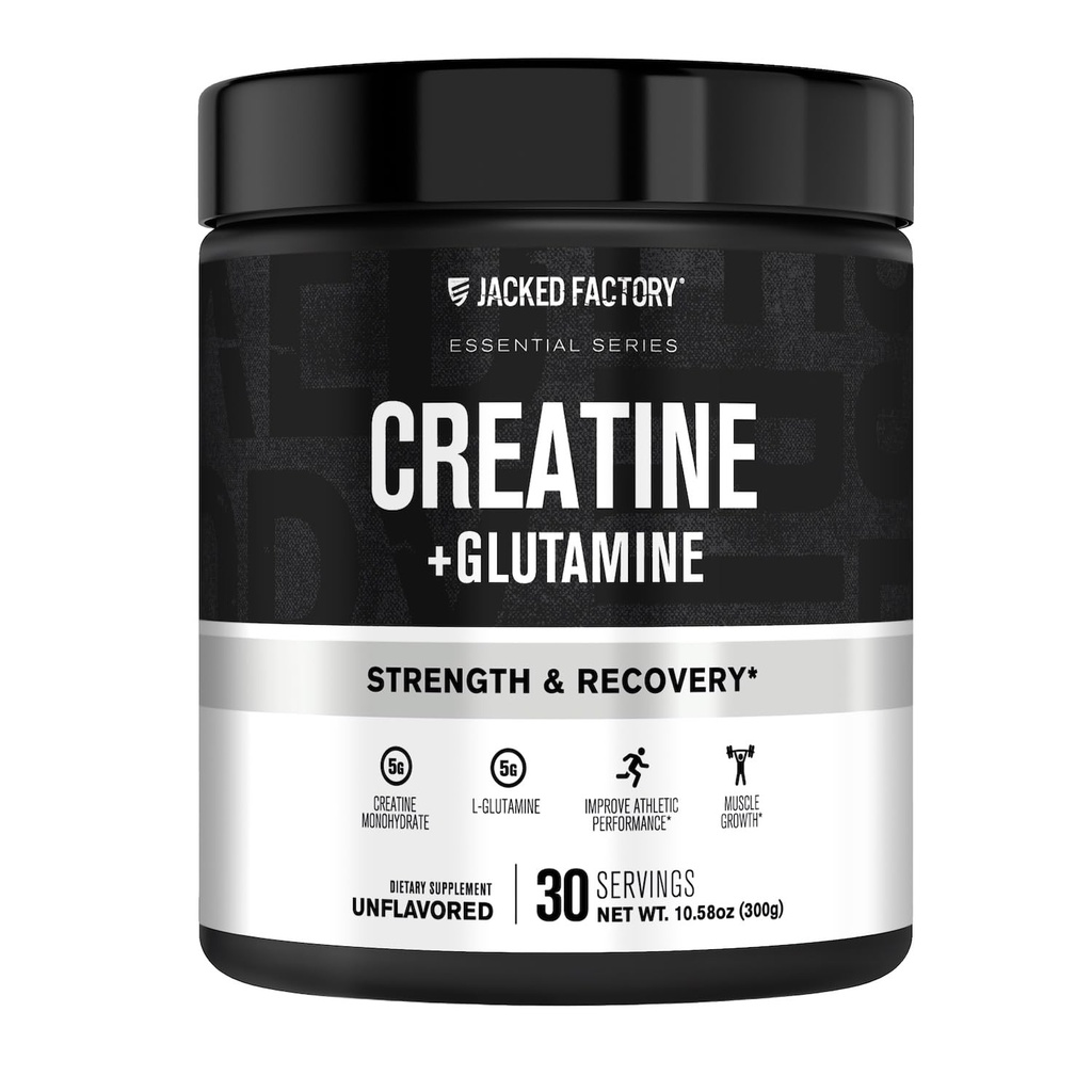 Jacked Factory Creatine + Glutamine - Suplement do kreatora L- Glutamina do Odzyskiwania Mięśnie, Wzrost mięśni, Zwiększona siła, Zwiększona energia wyjściowa, i Gut Health - 30 Służenia, Unflavored