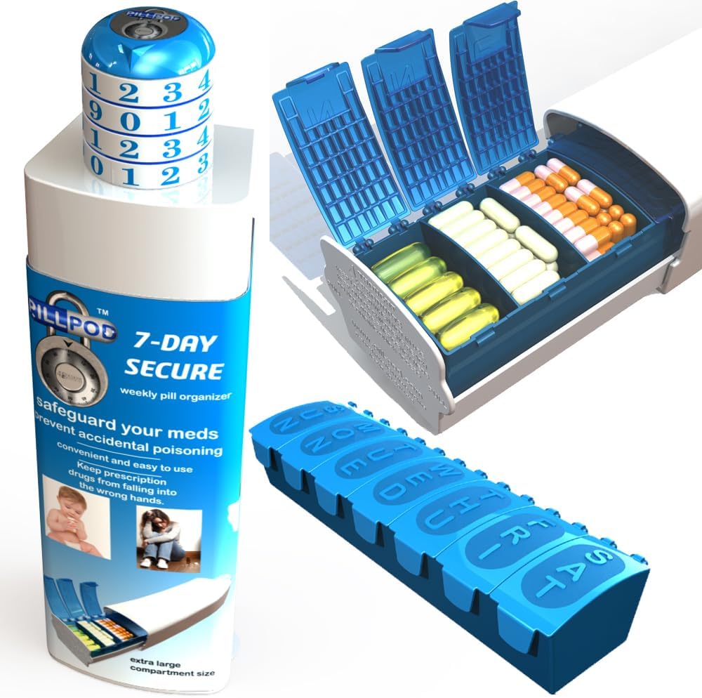Pill Pod 7 Dzień Bezpieczny, Locking Pill Organizator, Blokada leków dla dzieci, Bardzo duży Tygodniowy Pill Planner, Senior Friendly