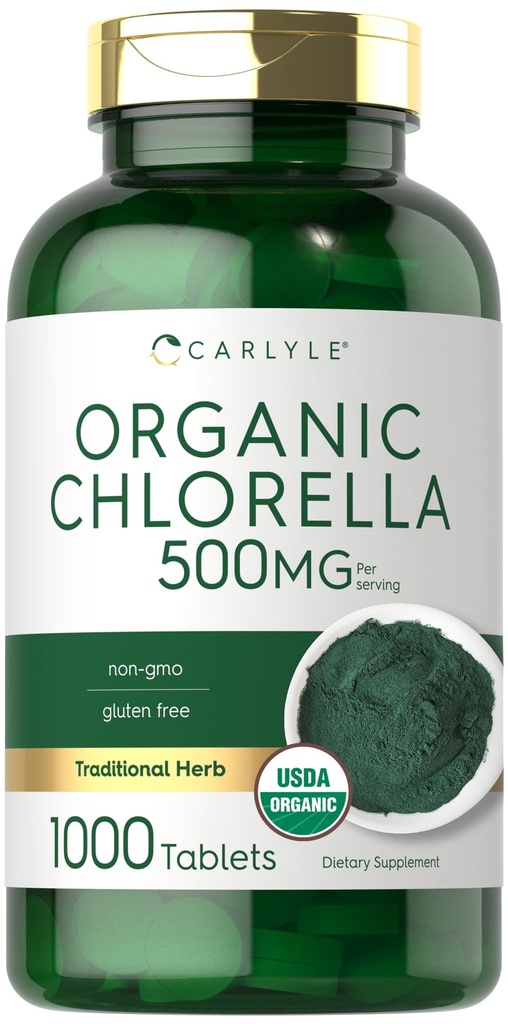 Carlyle Chlorella Tablets Organic 500 mg Xiv124; 1000 Hrabia Xiv124; Wegetarianin, Non-GMO, i gluten suplement wolny