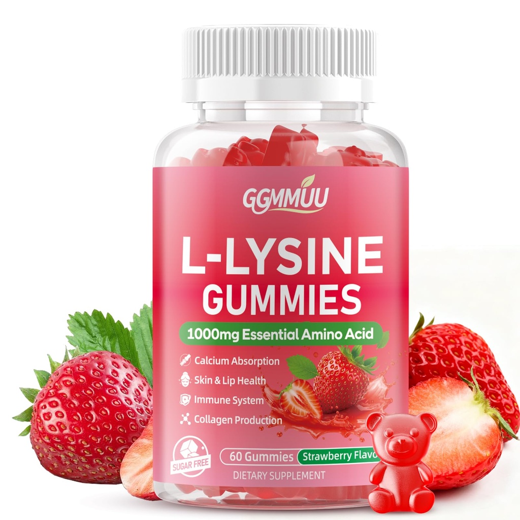 L-Lysine Gummies 1000mg Chewable L-Lysine Supplement for Adults & Kids, Essential Amino Acid Supplement for Lips & Oral Health, Immune Support, Strawberry Flavor, 60 Count