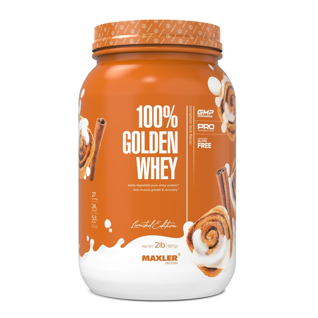 Maxler 100% Golden Whey Protein - 24 g białka na serwowanie - Premium Serwatka Protein Powder for Pre Post Workout - Fast- Absorbujący koncentrat serwatki, Isolate & Hydrolysate Blend - Cynamon Bun 2 lbs