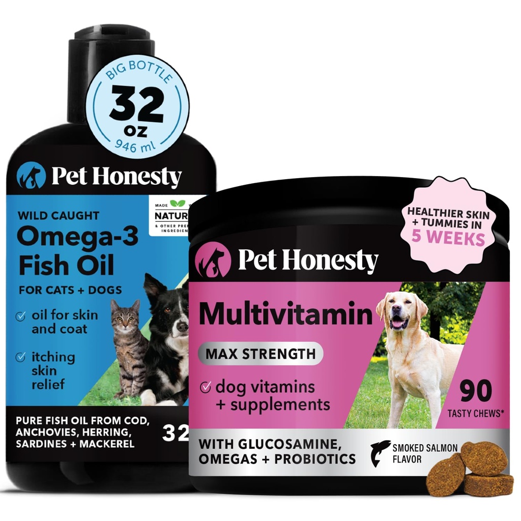 Omega 3 Fish Oil & Multivitamin Max Strength Bundle: Wild Caught Omega 3 Supplement & 15- in-1 Dog Vitamin for Skin, Coat, and Health (32oz)