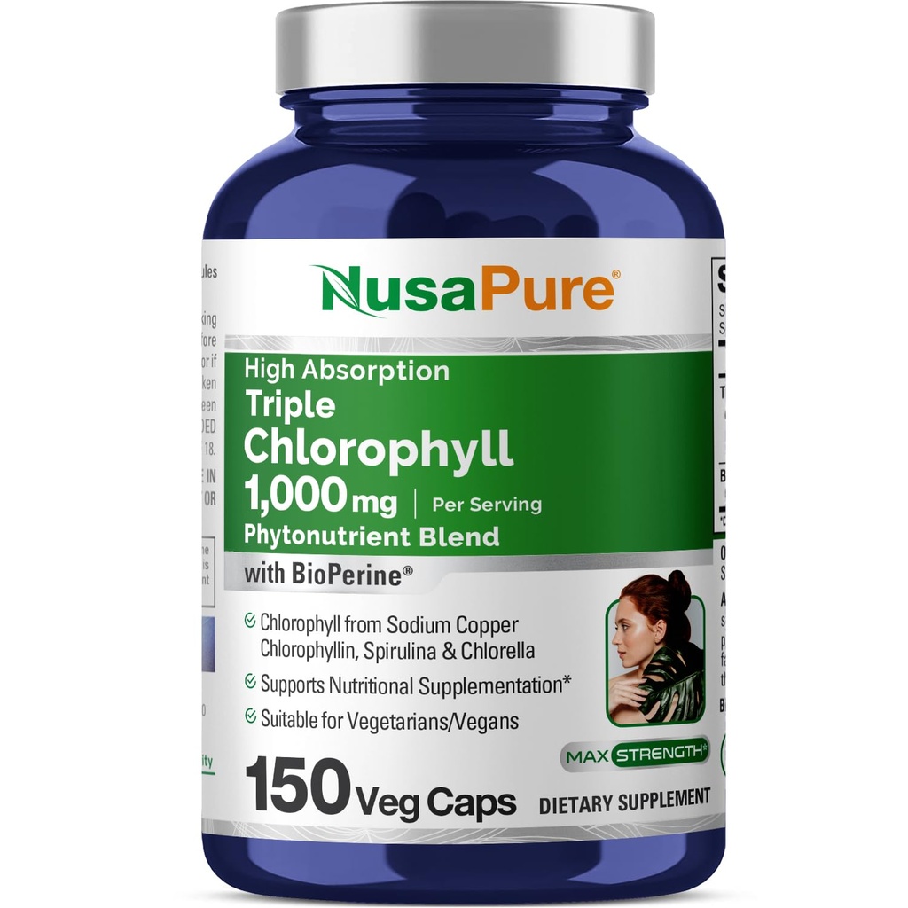 NusaPure Wysoka absorpcja Triple Chlorophyll 1000 mg 150 Czapki Veg Nadaje się do wegetarian i wegan, Non-GMO
