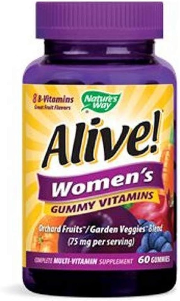 Nature 's Way Alive! Kobiece żelki multiwitaminowe, 16 witamin i minerałów, metabolizm energii *, skóra włosa i paznokcie *, wegetarianin, mieszanka jagód aromatycznych, 60 gumek (opakowanie w maju)