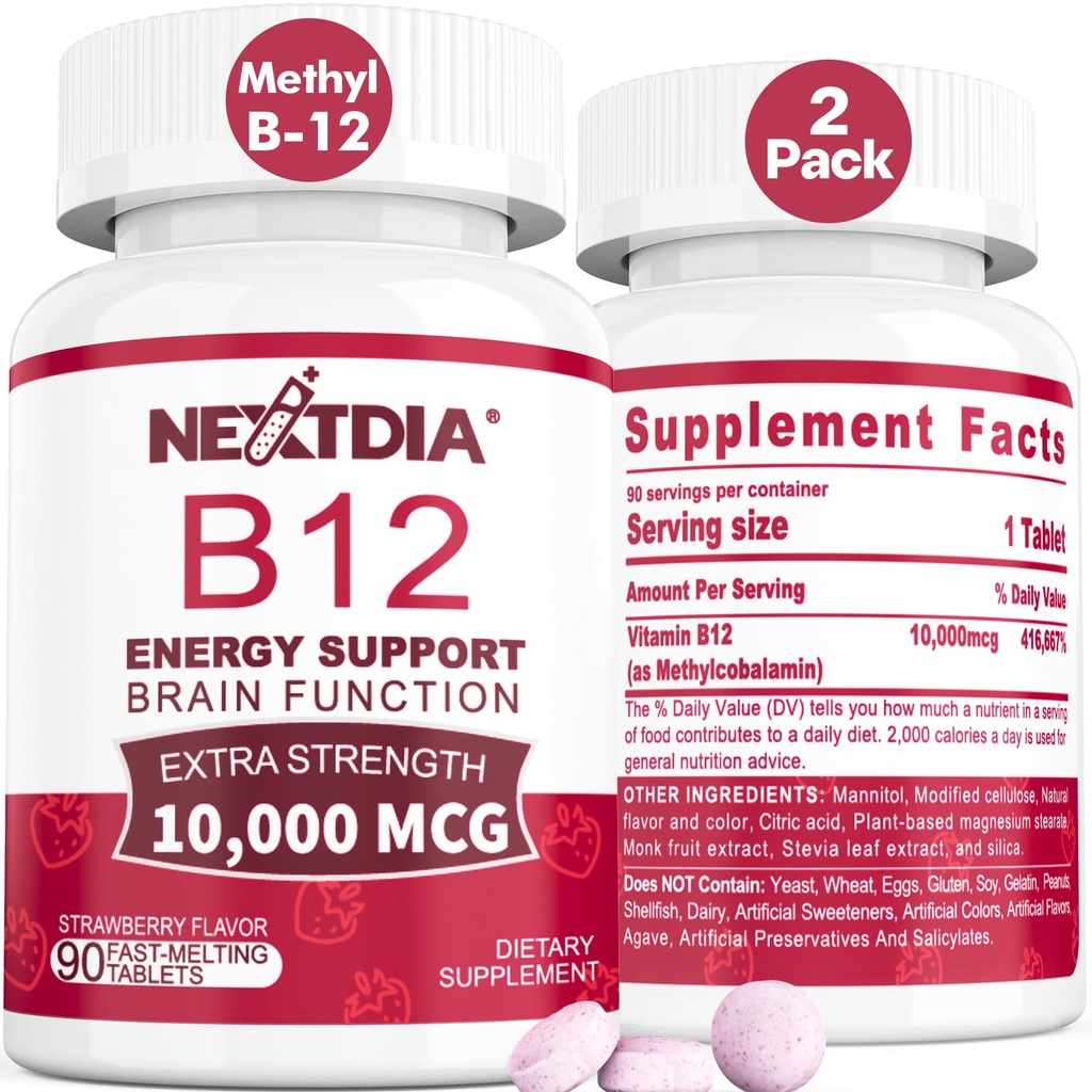 B12 Witaminy 10 000 µg, Metylowana Witamina B12 Podjęzykowy - Energy Boost, Focus, Metabolizm i Wsparcie zdrowia mózgu, Wsparcie układu immunologicznego, Szybkie rozpuszczenie, Naturalny aromat truskawki, 180 Służenie