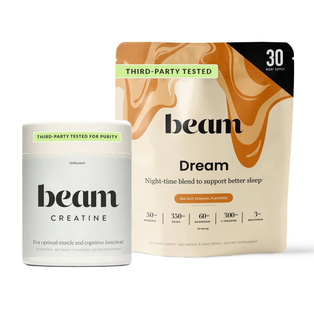 Beam Dream Sleep Powder & Creapine Bundle, Strona trzecia Tested Natural Sen Assistance & Recovery Supplement with Micronized Creatine Monhydrate, Unflavored Pure Creatine Powder for Muscle Strength, Energia
