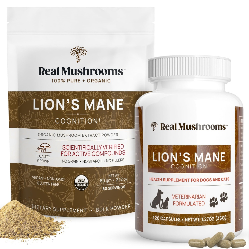 Prawdziwe grzyby Lons Mane for People (60 Servings) i zwierzęta domowe (120ct) - Puder & Kapsułki Bundle for Cogrevention & Immunity - Wegan, Non-GMO, Gluten- Free, Grain- Free Mushroom Extract Supplements