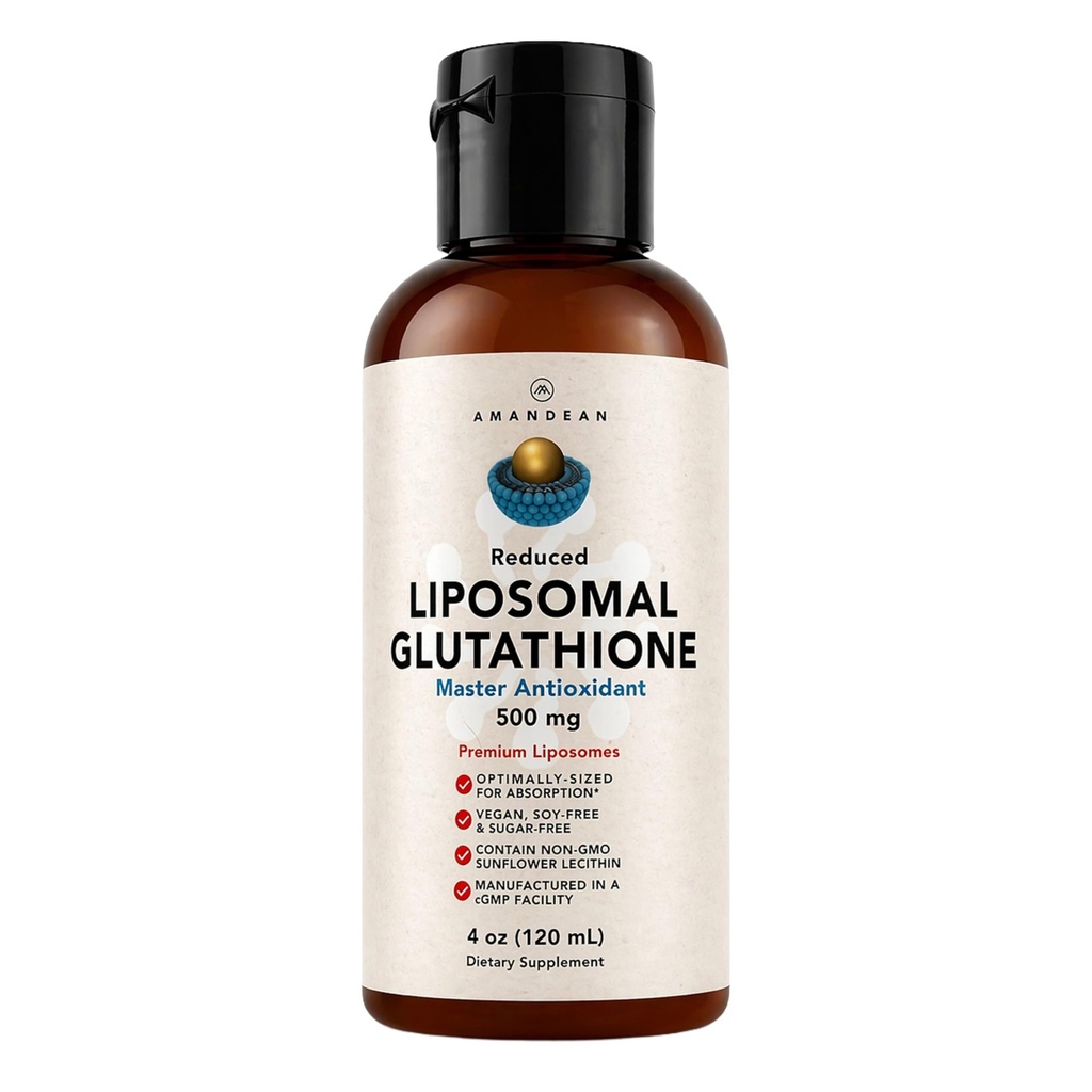AMANDEAN Liposomal Glutathione Supplement. Liquid Reduced Setria 500 mg. Wsparcie immunologiczne, Zdrowie mózgu, Detox wątroby, Zdrowie skóry. Fosfatydylocholina z Lecytyny Słonecznej Non-GMO. Soy- Free & Vegan.